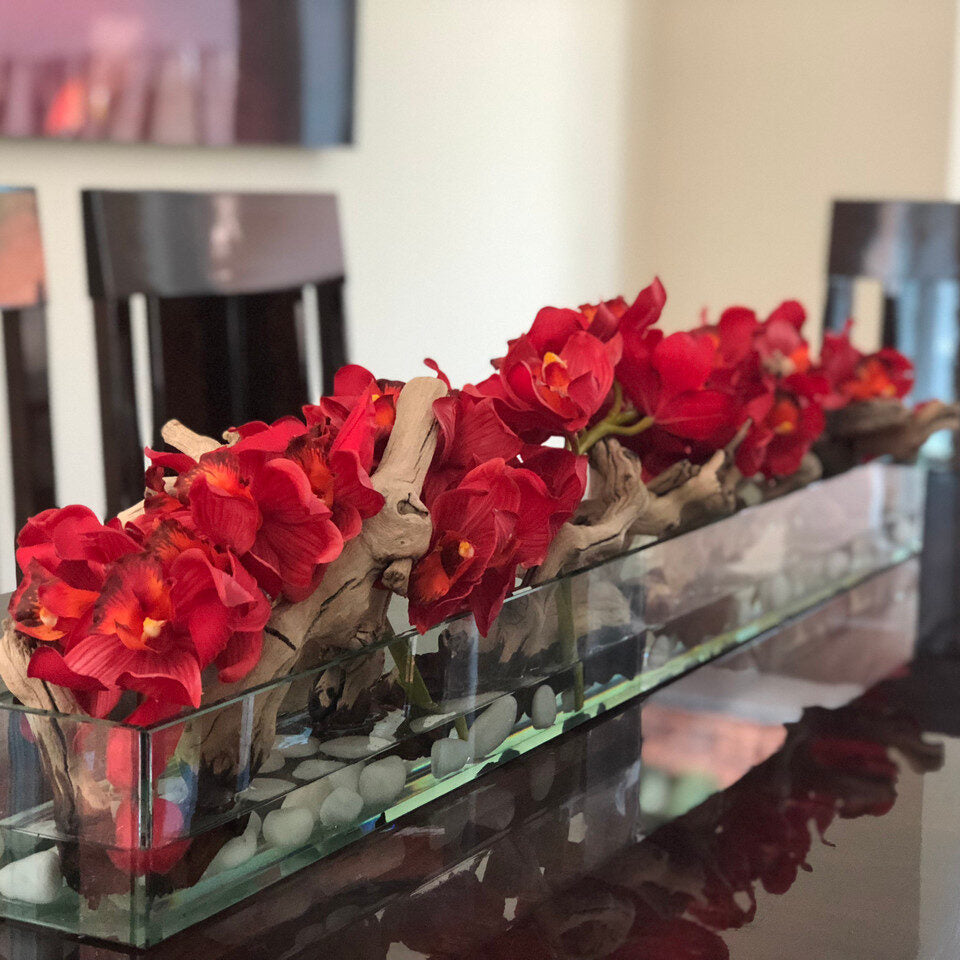 Rot Cymbidiums · ca. 48 cm im 48″ Casa Moderna Glas Plate Pflanzgefäß · ca. 48 cm