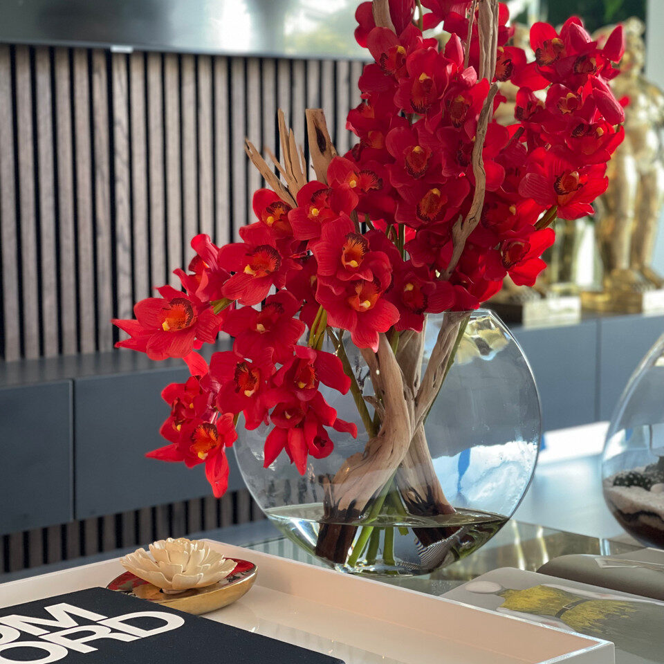 Rot Cymbidiums In Moon in der Vase