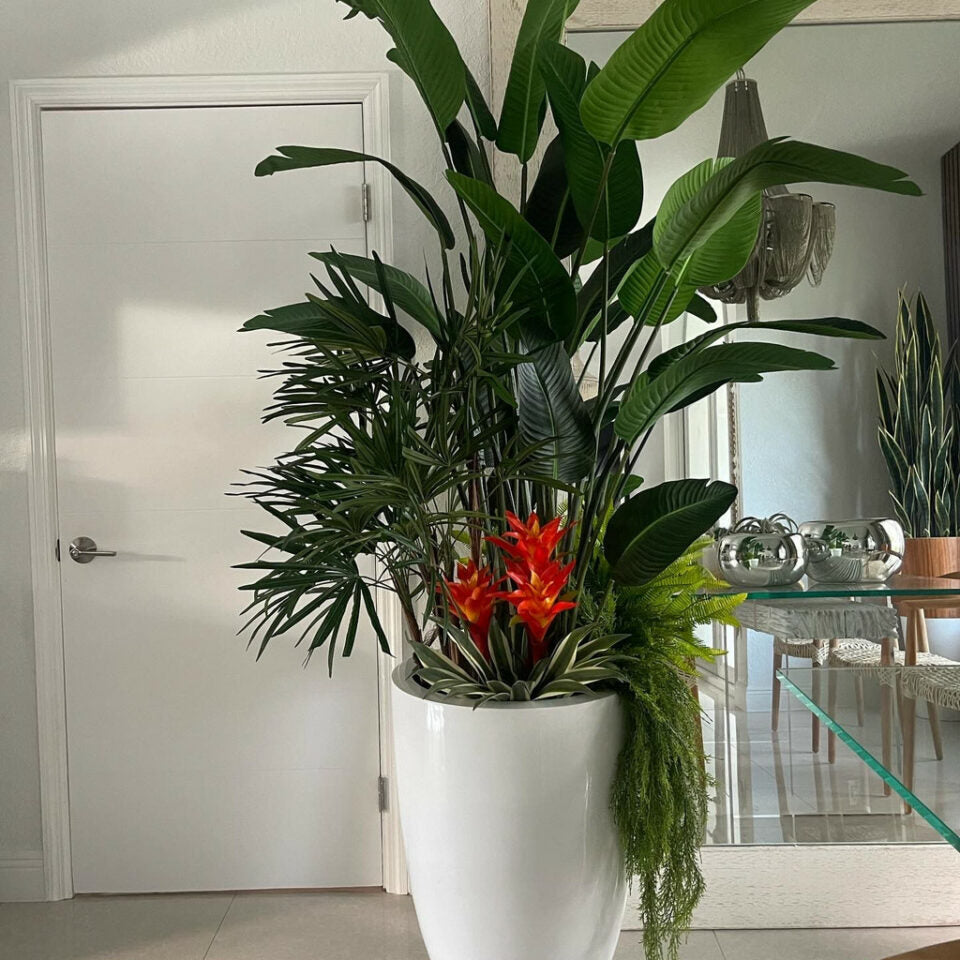 Tropical Mix Plants In Glänzend Weiß Brannan im Pflanzgefäß